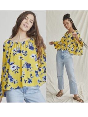 Elizabeth and James Yellow Blue Floral Off-Shoulder Blouse M Bell Sleeve Top
